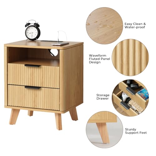 HOMMPA 18'' Fluted Nightstand with Charging Station, Modern Bedside Table, 2 Drawer Bed Side End Table with Open Compartment & 4 Support Legs, Wood Night Stand for Bedroom, Curved Profile Design - image 7