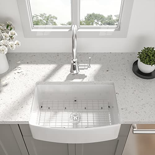 33 Inch White Farmhouse Sink - Beslend Curved Apron Front Single Bowl Farm Kitchen Sink, Large & Deep Ceramic Porcelain Fireclay Farm Sink Basin With Bottom Grids & Strainers #TOP2
