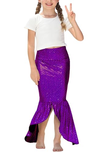 Image of Mermaid Tail Costume Kid Girls Halloween Sparkly Fish Tail Skirts High Waisted Party Skirt 7-8 Years Purple