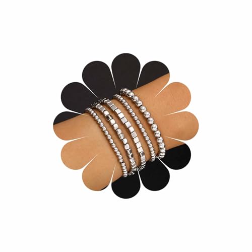 Wendalern Silver Beaded Bracelet Set Stacking Cube Bead Chain Bracelets Stretchy Strings Round Beads Bracelets Bead Ball Link Chain Bracelet Handmade Elastic Hand Jewelry for Women