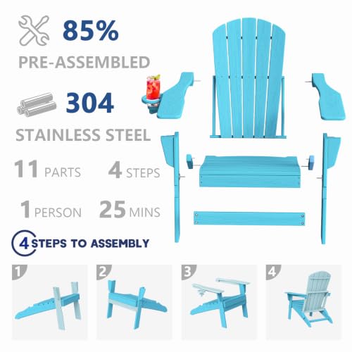 Image of Plawdlik Folding Adirondack Chair Set of 6 with Cup Holder，Wooden Textured ，Heavy All-Weather HDPE Comfortable Set Poolside Backyard Lawn, Light Blue
