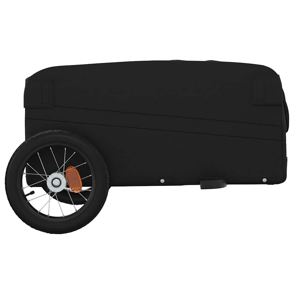Przyczepa rowerowa czarna i czerwona z żelaza o nośności, opony, dyszel i flaga bezpieczeństwa do transportu, bagażu i na kemping