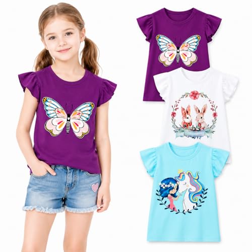 Image of Girls Graphic T Shirts 3 Pack 100% Cotton Short Sleeve Tees for Toddler Little Big Girls Cute Printed Casual Summer Tops