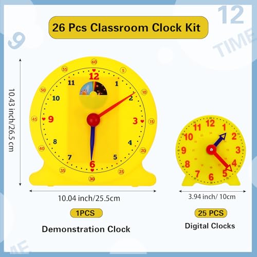 Image of Lenwen 26 Pcs Classroom Clock Kit 24 Hours Learn to Tell Time Teaching Clock Toy for Kids Teaching Time Resources for Kids Learning Teacher Classroom Supplies (Yellow)