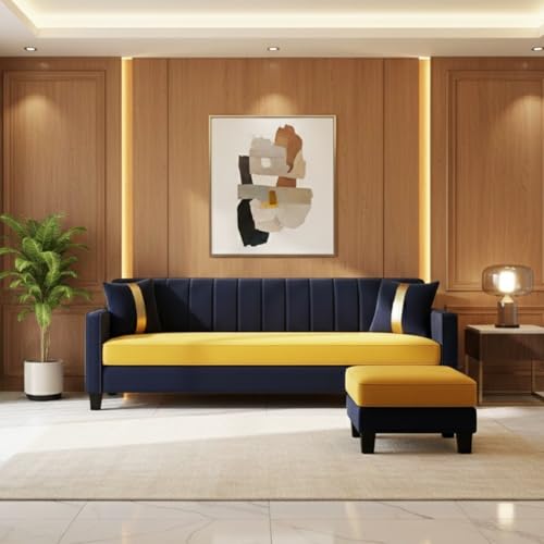 FURNY Avvono 4 Seater L Shape Sofa Set with Movable Ottoman | Flexible Left or Right Layout | Plush Velvet Fabric (Dark Blue-Yellow) | Perfect for Living Room, Guest Room & Office