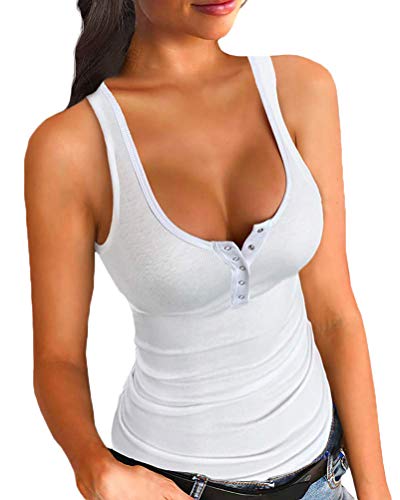 Low Cut Henley Ribbed Scoop Neck Tank Tops for Women Workout Tops Casual Sleeveless Cotton Tight Activewear