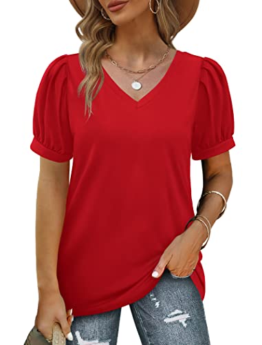 Geifa Womens Summer Tops Puff Short Sleeve V Neck T Shirts Loose Casual Tshirts2