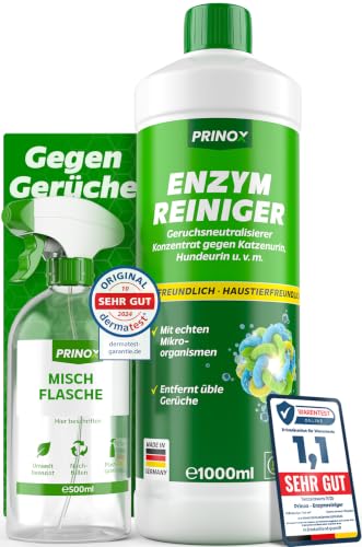 Enzymreiniger Konzentrat 1030ml XXL SET inkl. Mischflasche - STARKER GERUCHSENTFERNER - Ergibt bis zu 40L Geruchsneutralisierer - Beseitigt Hundeurin, Katzenurin Geruch tiefgreifend uvm. I Made in DE