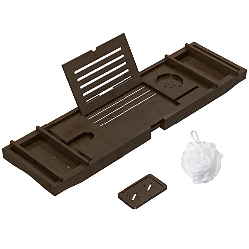 Bamboo Bathtub Tray for Luxury Bathroom, Expandable Premium Bath Tray w/Soap Towel Book Holder, Adjustable Bath Accessories for Tub,Extendable Tub Tray w/Wine Glass Cup Organizer 29.5-43.3