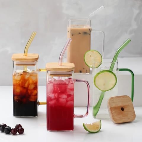 KiKiluxxa Wooden Lid Glass Sipper Tumbler Mug Set of 2 with Straw | 400ml Beer Soda Can Glass for Coffee, Tea, Juice, Smoothie & Water | Random Colour Handle & Matching Straw 1