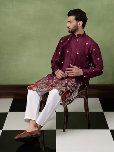 Image of SOJANYA (Since 1958 Men's Cotton Silk Flora & Fauna Embroidered Long Kurta