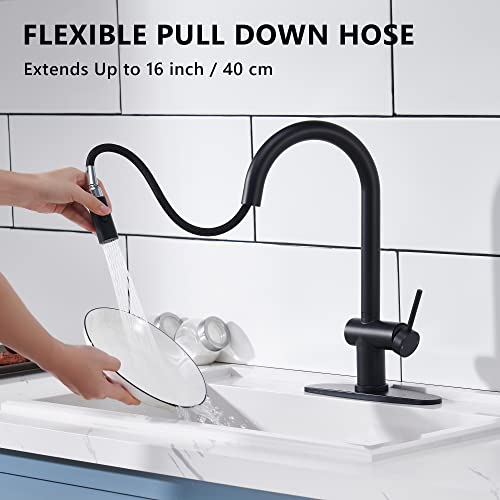 Yardmonet Matte Black Kitchen Faucet With Pull Down Sprayer, Modern Stainless Steel Single Handle Kitchen Sink Faucet, Single Hole Kitchen Faucet With 10" Deck Plate #TOP1