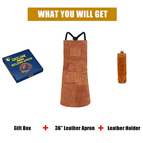 Leather Work Shop Apron with 6 Tool Pockets and Rod Holder by QeeLink - Heat & Flame Resistant Heavy Duty Welding Apron, 24" x 36", Adjustable M to XXL for Men & Women