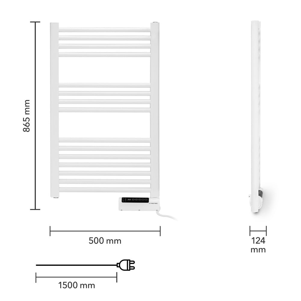 TROTEC Chauffe-serviettes électrique TWH 500 S – 500 W, montage mural, design tube plat en blanc, fonctionnement silencieux, IPX4, idéal pour la salle de bain et les WC d’invités
