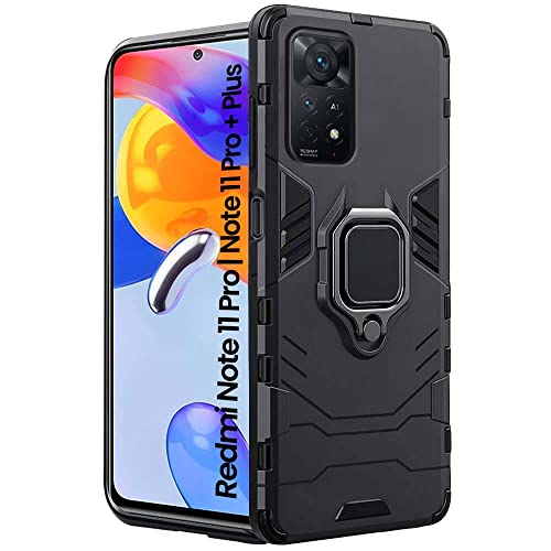 Image of WOW IMAGINE Polycarbonate, Metal Tough Armor Bumper Back Case Cover | Ring Holder & Kickstand in-Built | Excellent 360 Degree Protection for Redmi Note 11 Pro, Note 11 Pro + Plus (Carbon Black)