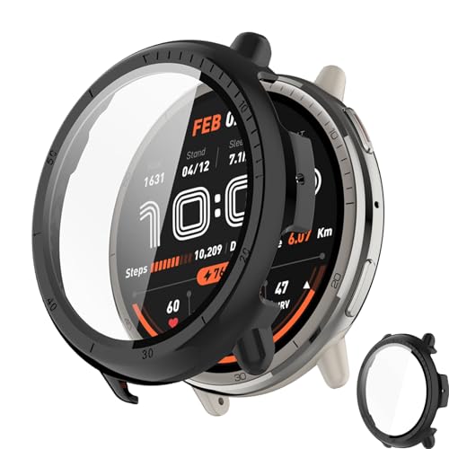 INIAYOH For Amazfit Active 2 44mm �J�o�[ Amazfit Active 2 44mm �ی�P�[�X �����K���X�t�B����+���ϏՌ�PC�t���[�� ���˒ጸ �w��h�~ �y�ʃX�����݌v (�u���b�N)