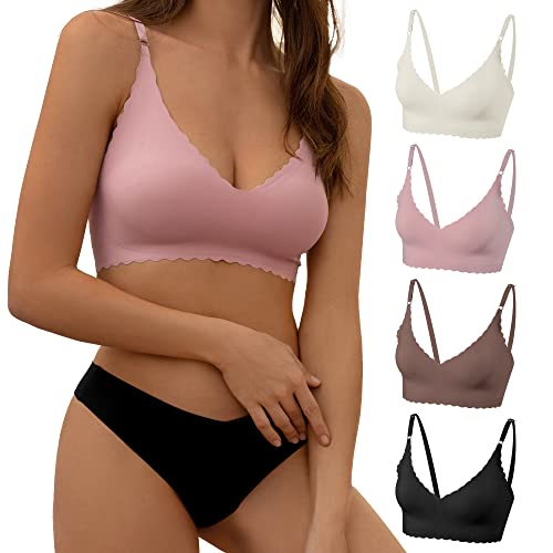 DEANGELMON V Neck Bra Padded Seamless Adjustable Straps Bralettes Everyday Basic Sleeping Bras Multiple Pack Black,coffee,pink,white Medium