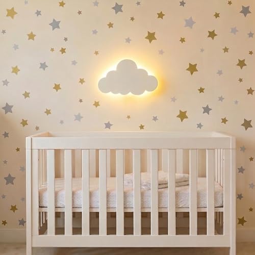 Image of KALEOLI Cloud Wall Light for Nursery - Crib & Baby Room Decor Nigth Light – Dimmable & Rechargeable Kids Wall Lamp for Bedtime Routines - 68Pcs Star Wall Decals Included