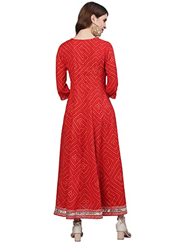 Image of ishin Women's Cotton Anarkali Embellished Gotta Patti Bandhani Print Red Kurti