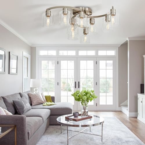 Image of 9-Light Ceiling Light, Semi Flush Mount Ceiling Light Fixture, Kitchen Lighting Fixtures Ceiling, Brushed Nickel Finish with Clear Glass Shade for Living Room Bedroom Dining Room
