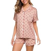 Pyjama Satin Femme Été Short Ensemble Manches Courtes Chic Boutonnée Femmes Chemises De Nuit en V Court Deux Pièces en Soie Doux Et Lisse avec Poches Short Sexy Femme Pyjama