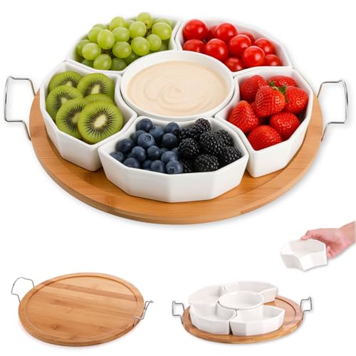 ZENFUN Chip and Dip Serving Set, 11'' Divided Serving Platters Tray for Party, 6-Compartment Removable Appetizer Snack Dishes, Round Sectional Serving Platter for Fruits, Condiment