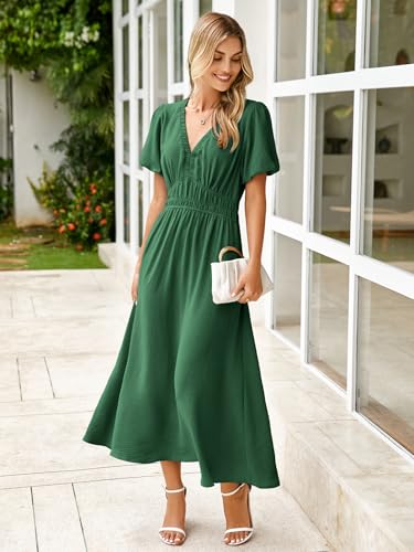 Image of Simplee Women's Summer Flowy Midi Dress Casual V Neck Short Sleeve Empire Waist Boho Beach Dress Wedding Guest Maxi Dress