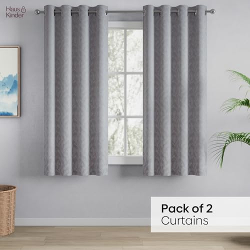Image of haus & kinder Printed Jacquard Window Curtains 5 Feet Long Pack of 2 Window Curtains, 5 Feet Curtains for Window (Slate Willow, Sand Floral 130x152 CM)