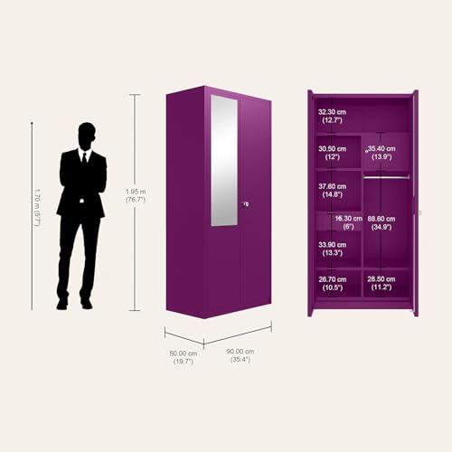 Image of Interio by Godrej Marc 2-Door Steel Almirah with Mirror (Textured Mulberry), 1-Year Warranty, 1 Locker, 1 Drawer, 5 Shelves