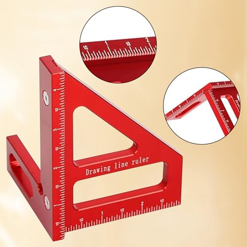 3D Multi Angle Measuring Ruler, 45° & 90° Degree Triangle Scriber Square Protractor, Miter Triangle Ruler Measuring Tool for Engineer Aluminum Inch Scale for Carpenters and Woodworkers (Red)