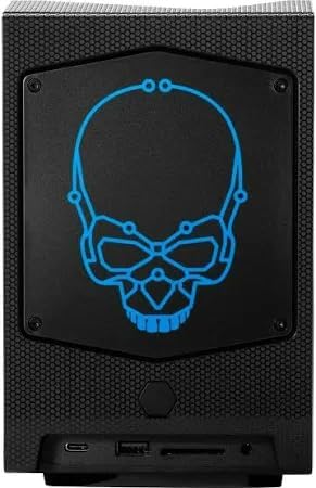 Quddiem view of the Intel NUC 12 Extreme Kit with a blue skull logo illuminated.