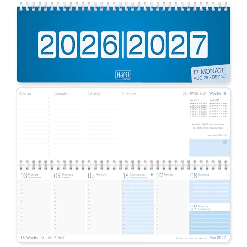 Häfft Tischkalender 2026 2027 Königsblau (17 Monate) Aug 2026 bis Dez 2027 Wochenkalender Querformat Terminplaner mit To-do-Listen Steuerterminen & Ferienterminen
