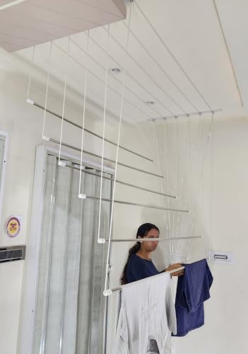 Image of VBLUE Heavy-Duty Stainless Steel Ceiling Cloth Dryer (6 Pipes x 6 Feet) with UV-Protected Nylon Ropes - Balcony Clothes Drying Stand with Pulley Mechanism (with NICROFIBER MOP COMPLIMENTARY)