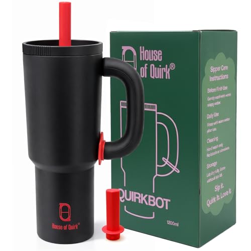 Image of House of Quirk 1200ml Stainless Steel Tumbler with Handle, Straw & Straw Cap | Leakproof Water Bottle | Large Capacity Travel Mug (Black)