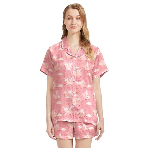 Image of Funny Pajamas for Women Set Print Satin Loungewear Pjs Short Sleeve Button Down Top and Shorts Sets Sleepwear XS-3XL
