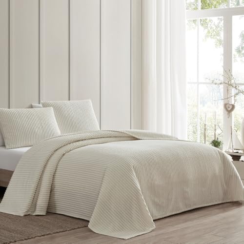 1 Piece Lightweight 100% Cotton Tufted Chenille Bedspread King Size Textured Channel Stripe Design | All Seasons Ivory Cream Color Shabby Chic Bedding Western Aesthetic Look Soft Plush Cozy