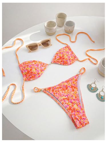 Image of RoseSeek Women's Floral Print Cheeky Bikini Sets Pearl Decor Halter Triangle High Cut String Thong Swimsuits