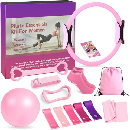 DAILIENFUS Pilates Set Pilates Ring Zubehör Set 13 Teiliges mit Yoga Ball, Yoga Gurt, Fitnessbänder, Pilates Socken, Trainingsposter & Tragbarer Tasche, Home Pilates Essential Kit für Frauen (Rosa)