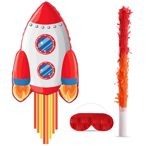 Suilung Rocket Pinata Space Pinata with Blindfold and Bat Space Themed Party Supplies for Girls Boys Kids Birthday Party Game Toys Favors Decorations, 16.5 x 10.7 x 3 Inches