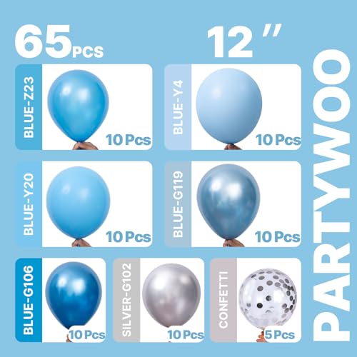 Image of PartyWoo Blue and Silver Balloons 65pcs 12 Inch Light Pastel Baby Metallic Pearl Blue Metallic Chrome Silver Confetti Balloons for Gender Reveal Wedding Baby Shower Birthday Party Decorations