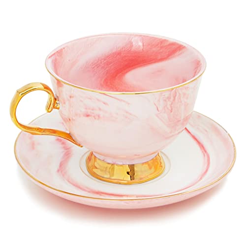 3-Piece Pink Marble Tea Cup And Saucer Gift Set For 1, 7 Oz Teacup With Gold Spoon #TOP6