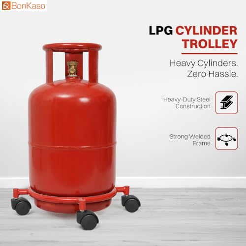 Image of Bonkaso Gas Cylinder Trolley with Handle, Heavy-Duty Alloy Steel Stand with 4 PP Twin-Wheel 360 Swivel Casters, 60 kg Load Capacity, Powder-Coated Red Finish