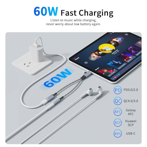 MTAKYI 2 en 2 Lightning USBC a 3,5 mm Auriculares y Adaptador de Carga, [Certificado MFi] USB C a AUX Audio Jack con PD 60 W Carga rápida dongle, Adaptador de Auriculares para iPhone 16/15 14/13 - imagen 4