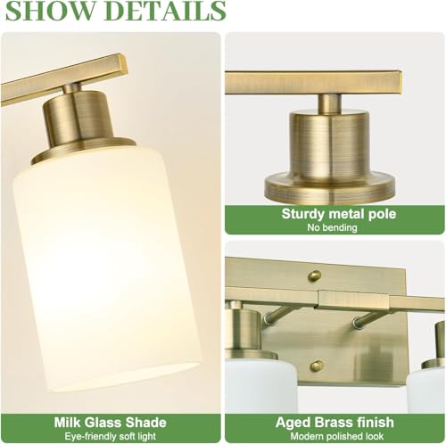 Image of MOKATNG 3-Light Bathroom Light Fixtures, Aged Brass Vanity Light with Milky White Shades, Bathroom Lighting Fixtures Over Mirror, Modern Bathroom Wall Lamp for Mirror Living Room Cabinet Bedroom