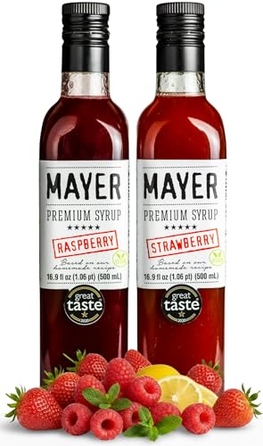 Image of Mayer Strawberry and Raspberry Syrups - Award-Winning, Crafted with 100% Real Fruits, All-Natural, Vegan, Gluten Free, Versatile for Cocktails, Beverages & Desserts - No Artificial Additives, Only Real Fruits and 3 Natural Ingredients ( 16.9 Fl oz. / 500 ml, 2 PACK )
