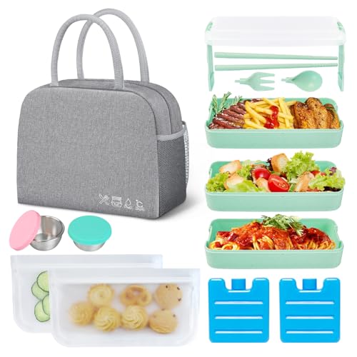 KUBYA Bento Lunch Box Set, Japanese Lunch Boxes 3-In-1 Bento Box Kit lunch box containers, Leakproof 3 Layer Stackable Lunch Bag with Container, with Food Bags and Sauce Cups