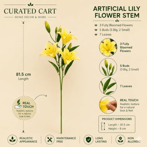 Image of CURATED CART 2 Pcs Lily Artificial Flowers Bunch for Home Decoration - Big Lilys Bouquet for Home Decor - Real Touch Faux Latex Long Stem - Includes 6 Lily Flowers and 10 Half Bloom Buds-Yellow Colour