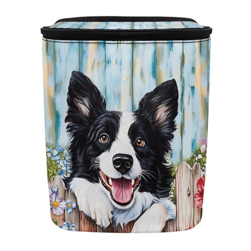 Image of Talayituse Border Collie Daisy Wood Print Car Trash Can with Adjustable Straps, Zip Closure Car Trash Bag Bin Auto Garbage Bag Multipurpose Storage Box for Vehicle Travel Camping Picnicing