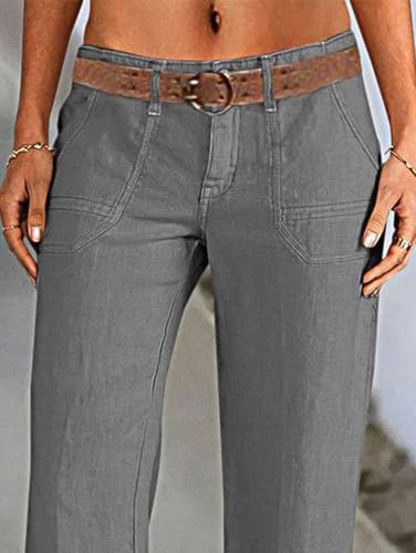 Flamingals Women's Linen Pants Low Rise Wide Leg Pants Flare Dress Pants Without Belt4