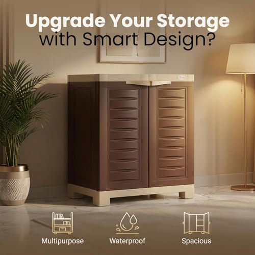 Image of Supreme Fusion SR 01 Plastic Shoe Rack Cabinet, Brown and Beige, 2 Door with 3 Adjustable Shelves, Water and Rust Proof